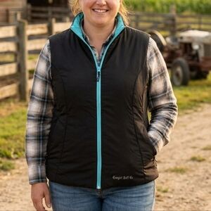 Cowgirl Tuff Reversible Puffer Vest Black Turquoise Western Rodeo XL Zip Up